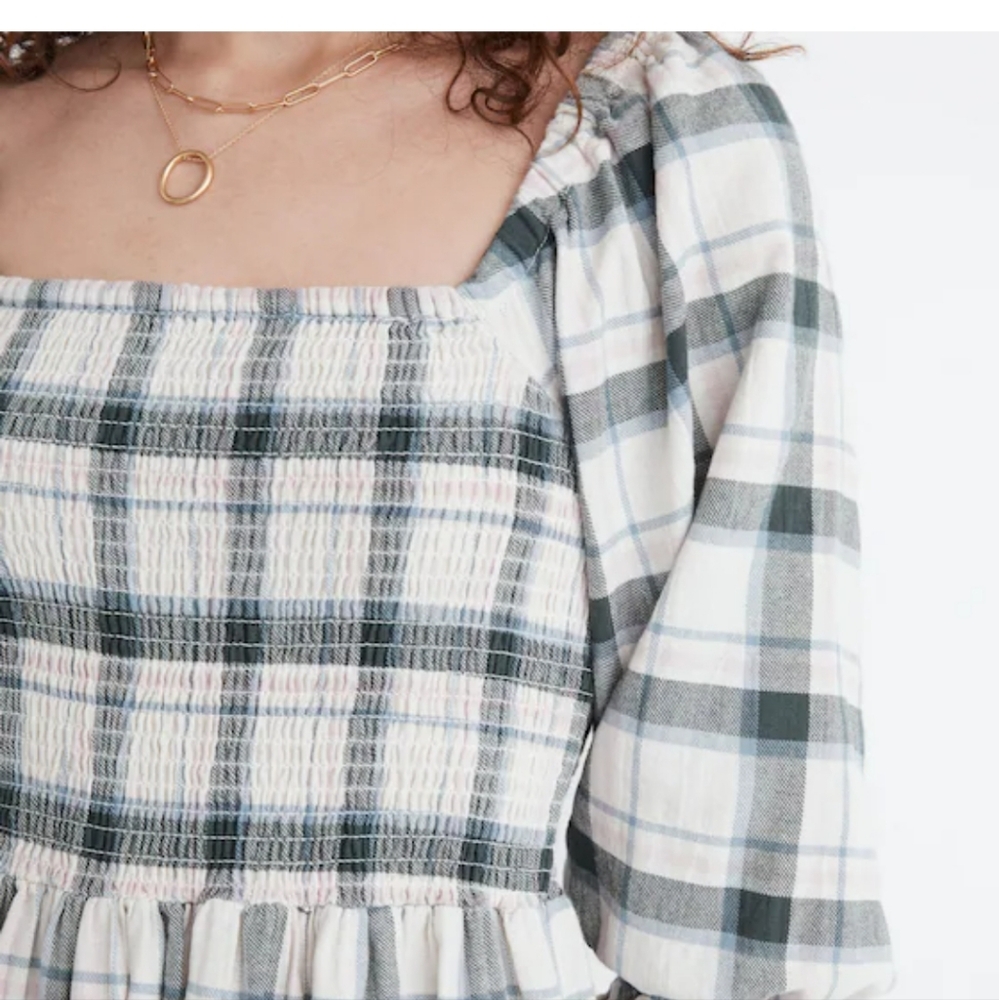 Madewell Lucie Elbow-Sleeve Smocked Mini Dress in Lebaum Plaid Medium - Picture 2 of 11